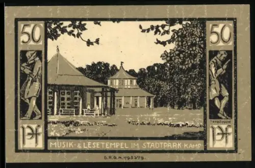 Notgeld Bad Doberan, 50 Pfennig, Musik- & Lesetempel im Stadtpark Kamp, Wappen mit Hirsch und Schwan
