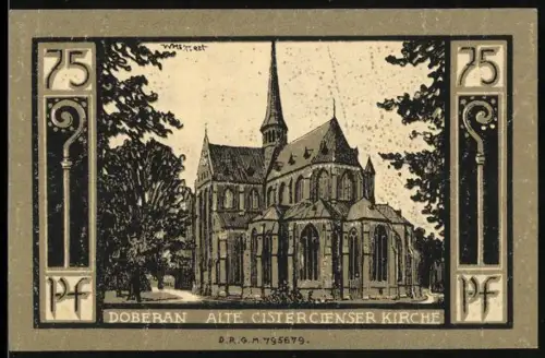 Notgeld Bad Doberan, 75 Pfennig, Alte Cistercienser Kirche und Stadtwappen mit Hirsch und Schwan