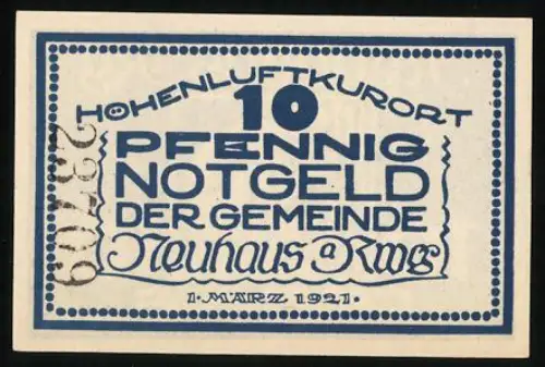 Notgeld Neuhaus a. Rwg. 1921, 10 Pfennig, kniender Mann am Wasser