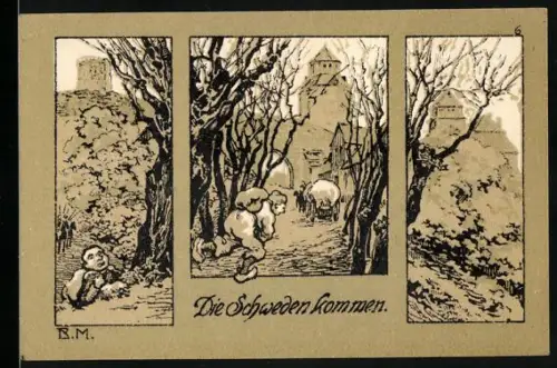 Notgeld Eilenburg 1921, 50 Pfennig, Die Schweden kommen und Burgtürme