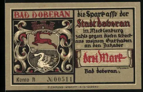 Notgeld Bad Doberan i. M., 3 Mark, Wappen mit Hirsch und Schwan, Landkarte der Ostsee-Region
