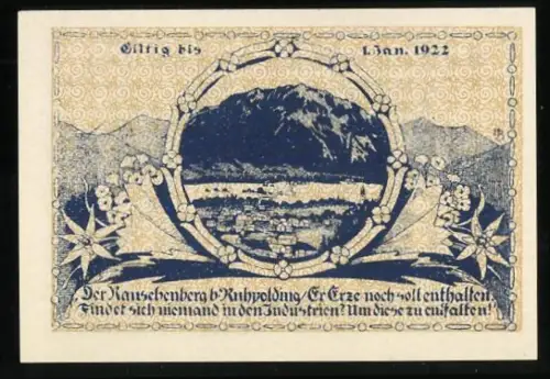 Notgeld Ruhpolding 1921, 40 Pfennig, Berglandschaft mit Edelweiss-Blumen und dekorativem Design