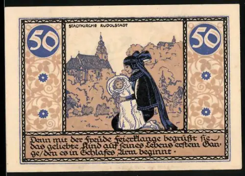 Notgeld Rudolstadt 1921, 50 Pfennig, Stadtkirche und Mutter mit Kind, Wappen mit Löwe und Glocken