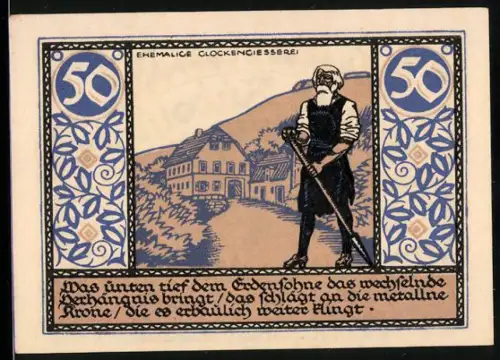 Notgeld Rudolstadt 1921, 50 Pfennig, Arbeiter vor Glockengiesserei und Löwenwappen