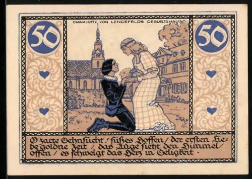 Notgeld Rudolstadt 1921, 50 Pfennig, kniender Mann vor einer Frau vor einem historischen Gebäude