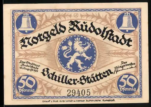 Notgeld Rudolstadt 1921, 50 Pfennig, Löwe, Glocken, Schiller-Zitat