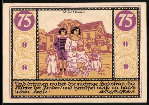 Notgeld Rudolstadt 1921, 75 Pfennig, Schiller-Haus mit Familie und Löwenwappen