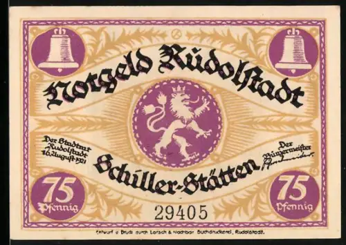 Notgeld Rudolstadt 1921, 75 Pfennig, Löwe und Marktszene mit Rathaus