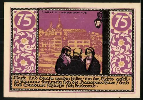 Notgeld Rudolstadt 1921, 75 Pfennig, Löwe und Marktszene mit Rathaus