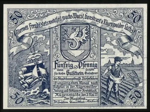 Notgeld Rügenwalde 1921, 50 Pfennig, Wappen mit Greif, Segelschiff und Ortsansicht mit Fluss