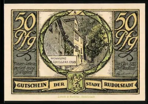 Notgeld Rudolstadt 1921, 50 Pfennig, Schillers Wohnung 1783, Glocke Grabgesang