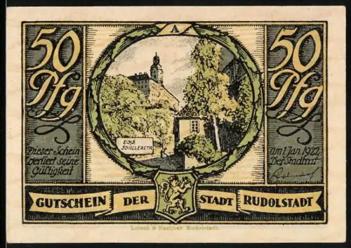 Notgeld Rudolstadt 1922, 50 Pfennig, Schillerstrasse und Familie mit Inschrift Holder Friede, süsse Eintracht