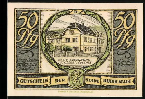 Notgeld Rudolstadt 1922, 50 Pfennig, erste Begegnung Schillers und Goethes, Mensch mit Schwert und Ortsansicht