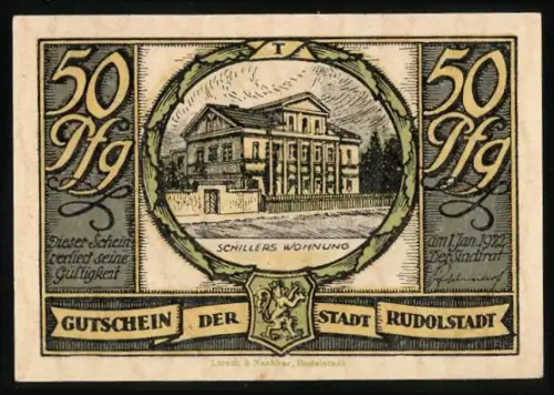 Notgeld Rudolstadt 1922, 50 Pfennig, Schillers Wohnung und Versammlungsszene