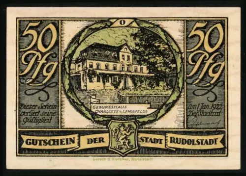 Notgeld Rudolstadt 1922, 50 Pfennig, Geburtshaus Charlotte v. Lengefelds, Familie beim Musizieren