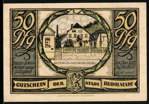 Notgeld Rudolstadt 1922, 50 Pfennig, historische Glockengiesserei und brennende Stadt mit Kirchturm