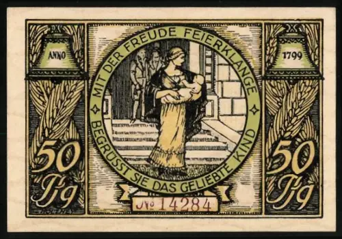 Notgeld Rudolstadt 1922, 50 Pfennig, Mutter mit Kind und Lengefeldsche Gartenhäuser, Wappen enthalten