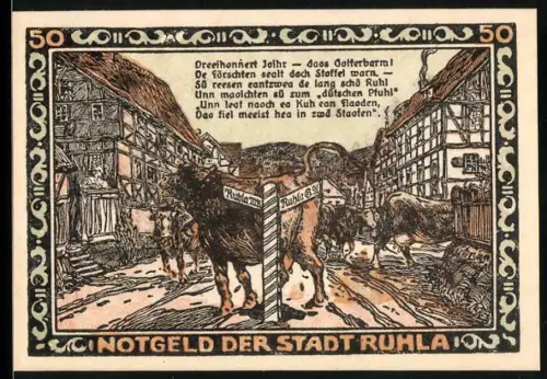 Notgeld Ruhla 1921, 50 Pfennig, Kühe auf Wegweiser und mittelalterliche Szene