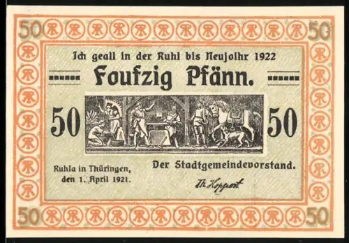 Notgeld Ruhla in Thüringen 1921, 50 Pfennig, Handwerker beim Schmieden und Schlafszene in Schusterwerkstatt