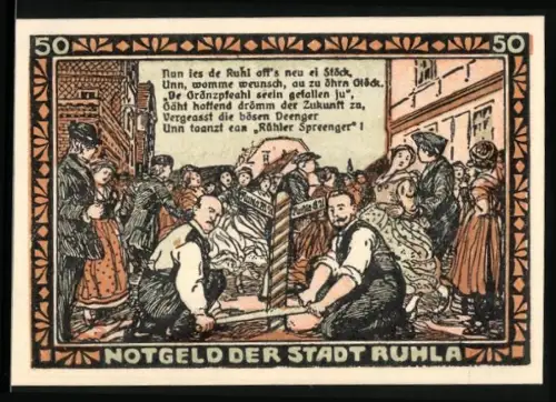 Notgeld Ruhla 1921, 50 Pfennig, Tanzszene und Handwerksarbeit