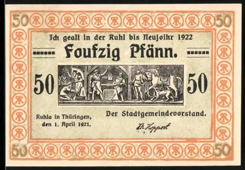 Notgeld Ruhla 1921, 50 Pfennig, Handwerker bei der Arbeit und Porträts in Getreidesäcken