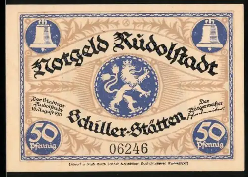 Notgeld Rudolstadt 1921, 50 Pfennig, Löwe und Glockengiesser-Motiv