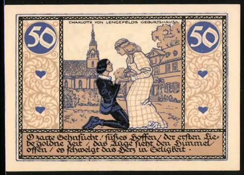 Notgeld Rudolstadt 1921, 50 Pfennig, kniender Mann und Frau vor Kirche, Löwenwappen, Glockenornament