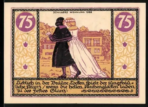 Notgeld Rudolstadt 1921, 75 Pfennig, Schillers Wohnung und Brautpaar, Löwe und Glockenornamentik