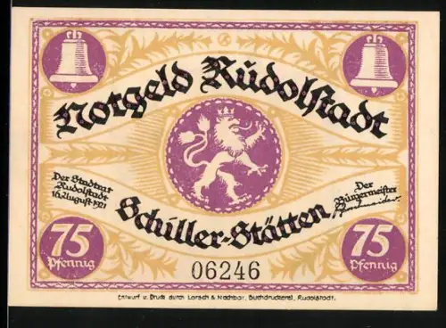 Notgeld Rudolstadt 1921, 75 Pfennig, Löwe und Schillerstätten mit Heidecksburg