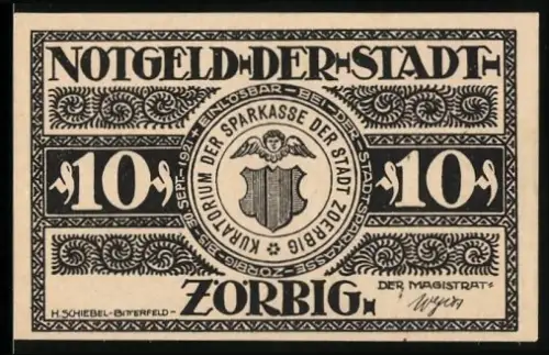 Notgeld Zörbig 1921, 10 Pfennig, Stadtwappen und historische Ortsansicht