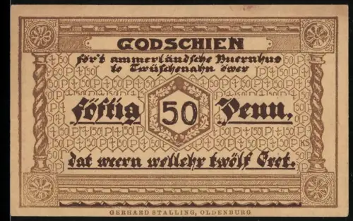 Notgeld Ammerland, 50 Pfennig, Fachwerkhäuser und Bäume, plattdeutscher Text