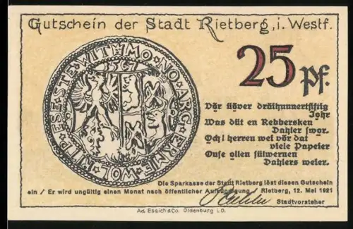 Notgeld Rietberg i. Westf. 1921, 25 Pfennig, Wappen und Ortsansicht von Osten