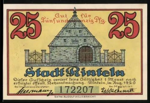 Notgeld Rinteln 1920, 25 Pfennig, Münchhausen-Hof und Bärenszene mit Mann und Wagen