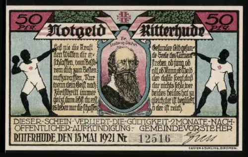 Notgeld Ritterhude 1921, 50 Pfennig, Ludwig Jahn Porträt, Turnhalle, Boxer und Sportmotive