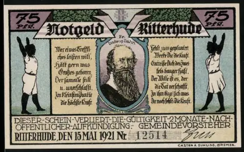 Notgeld Ritterhude 1921, 75 Pfennig, Ludwig Jahn Porträt und Turnhalle mit Sportlern