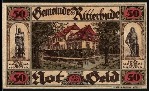 Notgeld Ritterhude 1921, 50 Pfennig, Schloss und Statuen, Wappen mit Geweih und Sprichwörter