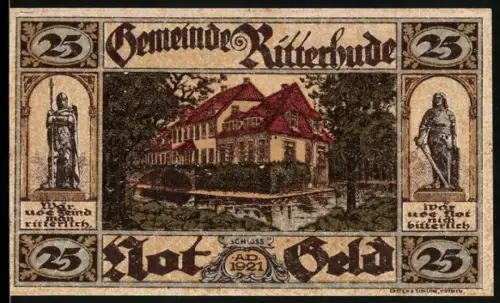 Notgeld Ritterhude 1921, 25 Pfennig, Schloss und Figuren mit Schriftrollen