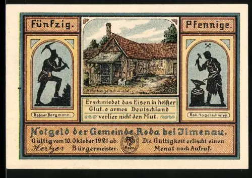 Notgeld Roda bei Ilmenau 1921, 50 Pfennig, Schmied, Bergmann, Jagd im Wald, Bergwerkbesuch durch Goethe