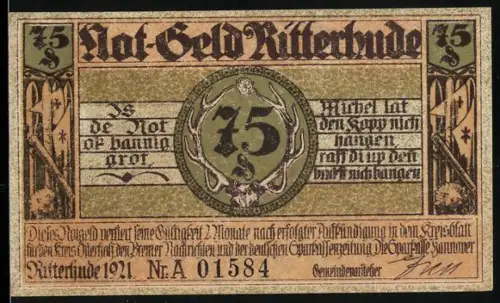 Notgeld Ritterhude 1921, 75 Pfennig, Hirschgeweih und Schloss-Motiv
