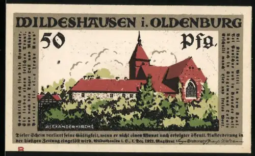 Notgeld Wildeshausen i. Oldenburg 1921, 50 Pfennig, Alexanderkirche und Schützenfest-Szene