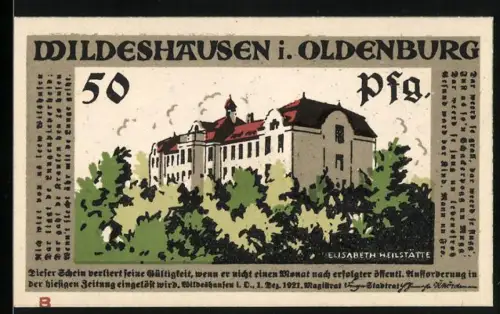 Notgeld Wildeshausen i. Oldenburg 1921, 50 Pfennig, Heilstätte und drei Trommler in Uniformen
