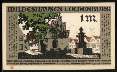 Notgeld Wildeshausen i. Oldenburg 1921, 1 Mark, Rathaus und humoristische Gerichtsszene