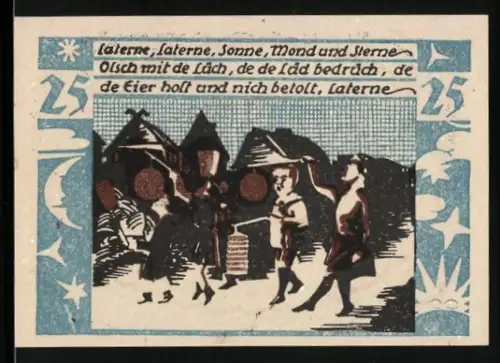 Notgeld Witzeldorf, 25 Pfennig, Laternenumzug mit Kindern und Häusern im Hintergrund