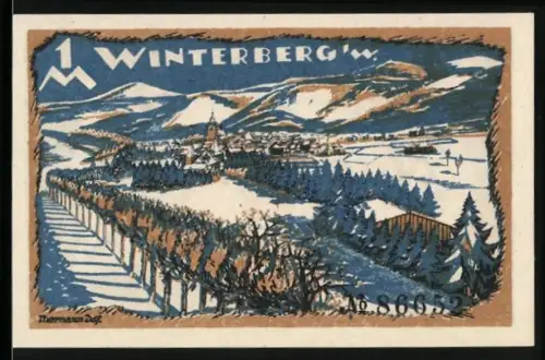 Notgeld Winterberg i. W., 1 Mark, Winterlandschaft und wandernder Händler mit Pfeife und Schiff