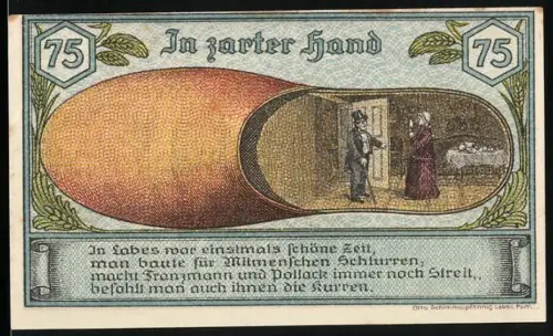 Notgeld Labes i. Pom. 1921, 75 Pfennig, In zarter Hand, Mann und Frau im Raum, Wappen