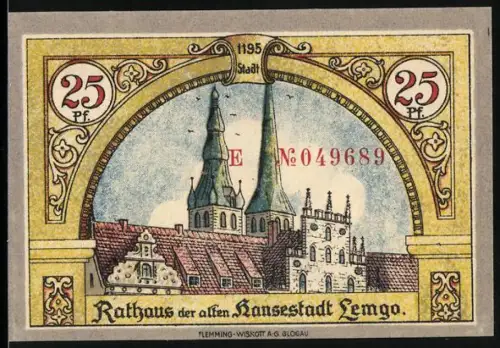 Notgeld Lemgo 1921, 25 Pf, Rathaus der alten Hansestadt, Wappen mit Kranz