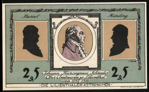 Notgeld Lilienthal i. H. 1921, 25 Pfennig, Porträts Johann Hieronymus Schroeter, Harding und Bessel