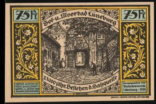 Notgeld Lüneburg 1921, 75 Pf., historische Strassenszene