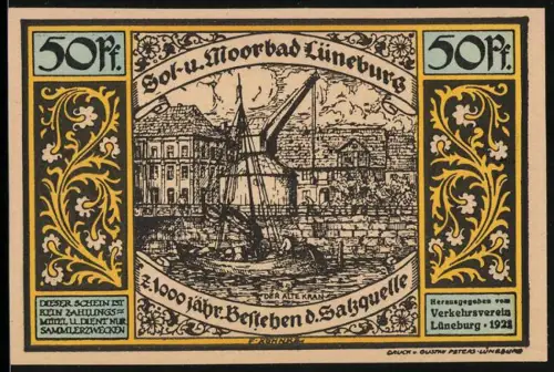 Notgeld Lüneburg 1921, 50 Pf, Alter Kran und historische Szene