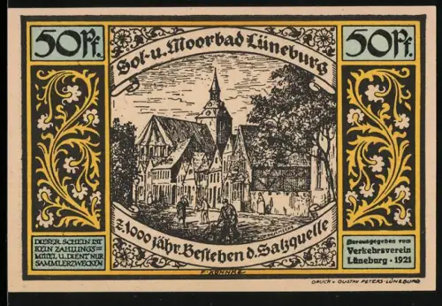 Notgeld Lüneburg 1921, 50 Pf, Ortsansicht und mittelalterliche Strassenszene